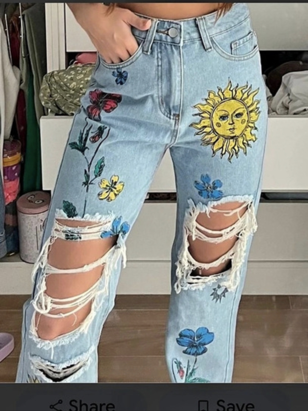 Embroidered Distressed Straight Leg Jeans in Blue